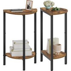 two wooden tables with black metal legs and one shelf holding books, vases and other items