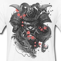 a white t - shirt with an image of a samurai and two birds on it