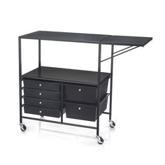 a black shelf with drawers on wheels and two bins under the shelf is shown