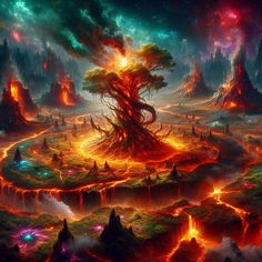 a painting of a tree surrounded by lavas and rocks in the sky with bright colors