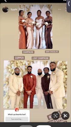 two men and one woman are posing for the camera with their wedding pictures on them