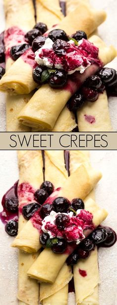 blueberry crepes with cream cheese and fresh berries on top are ready to be eaten