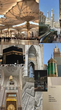 many different pictures show the inside of a building and surrounding it with people walking around