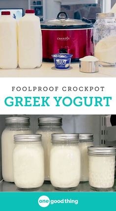 the recipe for greek yogurt is displayed in front of an instant pot and three jars