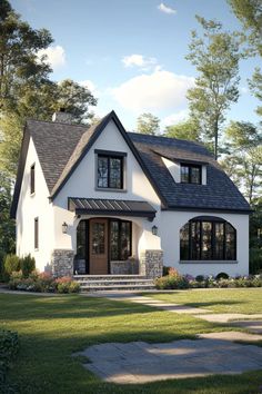 this is an artist's rendering of a house in the country style with black and white trim