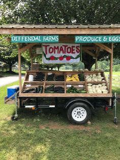 an outdoor produce stand with vegetables and eggs on the back in a grassy area next to a tree