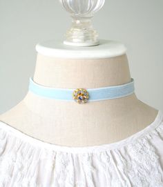 Light Blue Choker Necklace with Jewel - Velvet Ribbon Choker with Crystal Rhinestone - Bridgerton Jewelry - Regency Ball - Elegant Necklace Rosy Posy, Blue Choker Necklace, Ribbon Choker Necklace, Prom Necklaces, Blue Choker, Ribbon Choker, Bride Necklace, Choker Collar Necklace, Rhinestone Choker Necklace