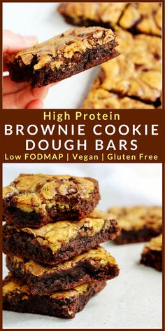 brownie cookie dough bars stacked on top of each other with the words high protein brownie cookie dough bars below