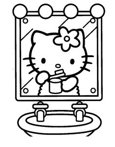 the hello kitty coloring page is shown in black and white, with an image of a mirror