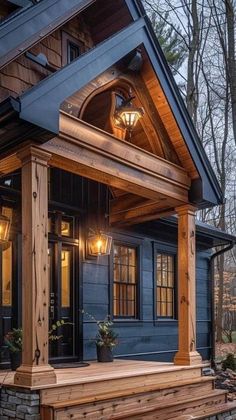 a wooden porch with steps leading to the front door