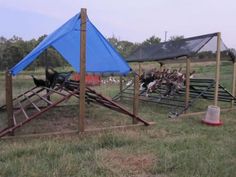 there is a blue tent with horses in the back ground and other animals behind it