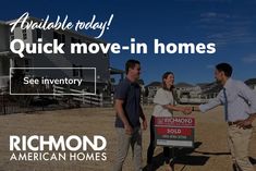 two people shaking hands in front of a home for sale with the words richmond american homes