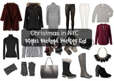 christmas in nyc winter weekend packing list with boots, sweaters and handbages