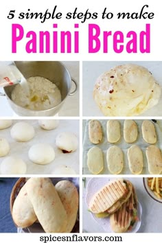 the steps to make panini bread are shown in four different pictures, including buns and cheese