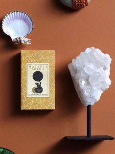 some rocks and other items on a brown table with a book in the middle, along with a shell