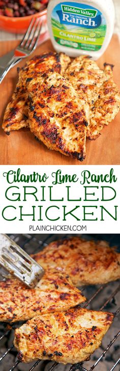 grilled chicken is on the grill and ready to be served with ranch sauces