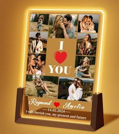 i love you photo collage with wooden frame and acrylic backing on yellow background