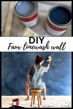 a woman sitting on top of a wooden stool in front of two paint cans with the words diy faux linen wash