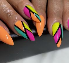 Color Block Almond Nails, Neon Nails Coffin Summer, Neon Nail Ideas Summer Almond, Neon Nail Ideas Summer, Neon Acrylic Nails, Neon Nail Designs, Unghie Sfumate