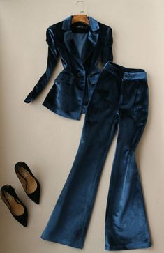 Two Piece Blazer Set, Velvet Pantsuit, Bell Pants, Autumn Decoration, Navy Blue Velvet, Velvet Clothes, Velvet Suit, Blazer Set, Pant Length