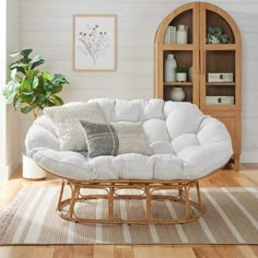 Better Homes & Gardens Double Papasan Chair, Cream Boucle - Walmart.com Papasan Chair Living Room Decor Ideas, Aesthetic Chairs Bedroom, Calming Drawings, Double Papasan Chair, Papasan Chair Cushion, Wicker Accents, Circle Chair, Lazy Chair, Tufted Seat Cushion