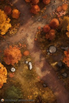 an aerial view of a dirt road surrounded by trees with yellow and orange leaves on it