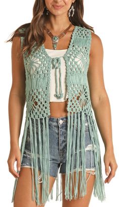 PANHANDLE SLIM Outerwear Rock & Roll Cowgirl Women's Turquoise Fringe Crochet Vest RRWT38R0ZG-86 Rock Cowgirl, Fringed Vest Outfit, Southwestern Clothing, Tie Front Vest, Crochet Vest Outfit, Turquoise Jewelry Outfit, Boho Vest, Denim And Diamonds, Fringe Fashion