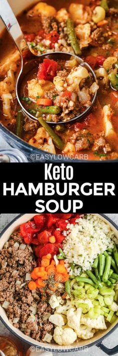 keto hamburger soup in a large pot with vegetables and meats on the side