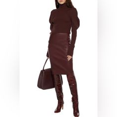 Theory Stretch-Leather Pencil Skirt - Burgundy Burgundy Leather Skirt Outfit, Burgundy Boots, Stretch Pencil Skirt, Beautiful Brunette, Satin Midi Skirt, Leather Pencil Skirt, Leather Skirts, African Print Fashion, Burgundy Color