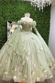 Pale Green Quinceanera Dresses, Soft Green Quinceanera Dresses, Enchanted Forest Theme Quinceanera Dresses, Tea Party Quinceanera Dress, Light Green Quinceanera Dresses With Sleeves, Sage Green Ball Gowns, Soft Quince Dresses, Light Green And White Quinceanera Dresses, Light Green Xv Dresses