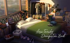 an animated bedroom with clothes hanging on the wall and a bed in front of it