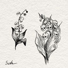 two flowers with skulls on them are drawn in black and white ink, while the other is