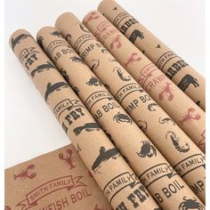 six wine corks with different types of logos on them, sitting next to each other