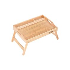 a wooden tray with two legs and a tray on the bottom that has a name written on it