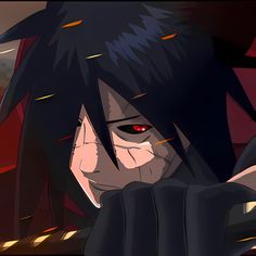 an anime character with black hair and red eyes holding his hand up to his face