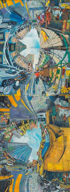 an abstract painting with lots of different colors and shapes, including cars on the road