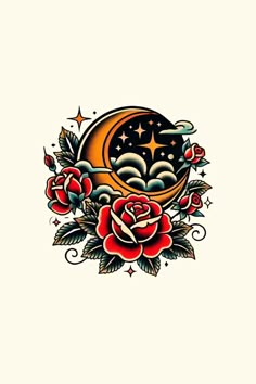 an old school tattoo design with roses and moon