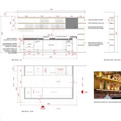 an architectural drawing shows the interior and exterior of a bar, as well as details