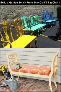 several different colored chairs and benches on the side of a building, with one bench painted yellow