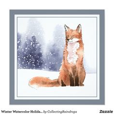 a watercolor painting of a fox sitting in the snow