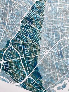 a painting of a city map in blue and white with the shape of a bird's eye view