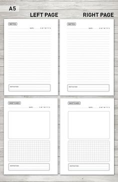 three sheets of lined paper with the words left page and right page on them, in white