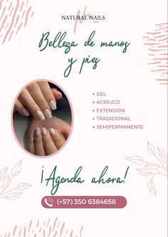 an advertisement for nail salons with white and pink designs on the front, in spanish