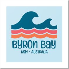 the byron bay logo is shown in blue and orange with an ocean wave behind it