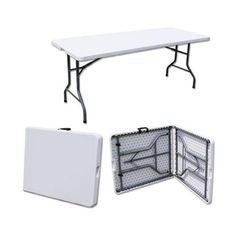 two folding tables, one white and the other black with an open case on top