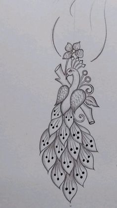 a drawing of a peacock with feathers on it's tail and flowers in its beak