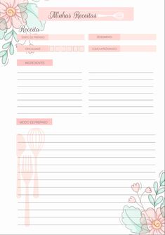 a recipe card with flowers and utensils on it, in pink tones for the menu