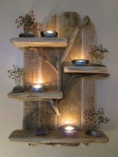 a wooden shelf with candles on top of it and some plants growing out of the shelves