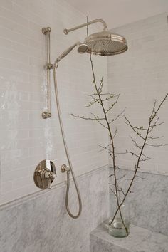 a shower head with thermostaer, and flowers in a vase next to it