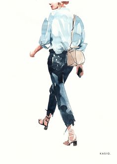 a watercolor painting of a woman walking down the street wearing high heels and a blue blouse